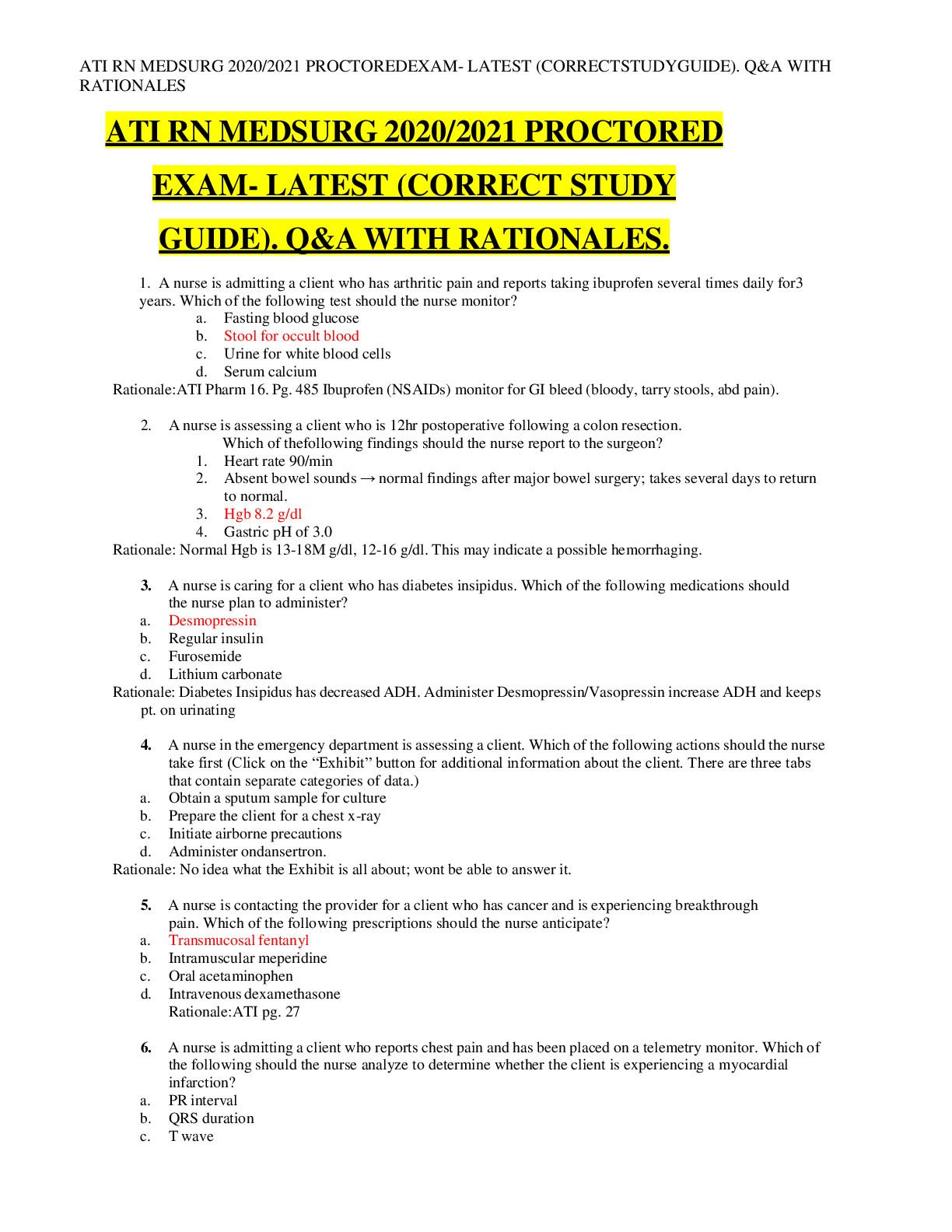 Preview image for ATI RN MEDSURG 2020-2021 PROCTOREDEXAM- LATEST (CORRECTSTUDYGUIDE). Q&A WITH RATIONALES